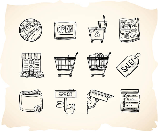 Sketch Shopping Store Icons Icons in hand drawn sketch style for store theme cart illustrations stock illustrations