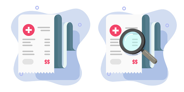 Medical receipt price expenses cost icon vector graphic, medicine tax bill invoice payment illustration, clinic insurance payment fee audit search, healthcare pharmacy claim document check image