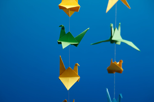 many of origami crane hanging  in a row