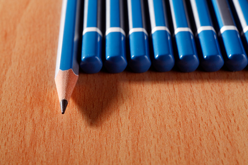 A sharpened pencil among a row of blunt-end pencils