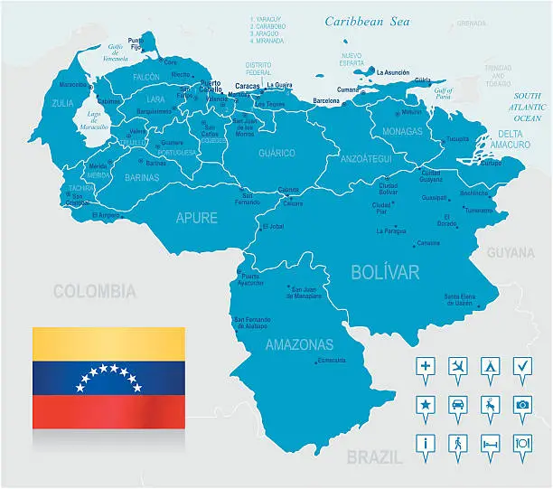 Vector illustration of Map of Venezuela - states, cities, flag and navigation icons