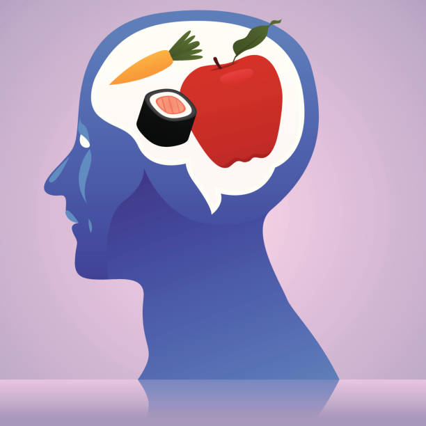 Healthy food thinking A head thinking about healthy food. brain eater stock illustrations