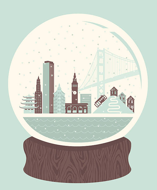 ilustrações, clipart, desenhos animados e ícones de globo de neve de san francisco - cable car san francisco county golden gate bridge skyline