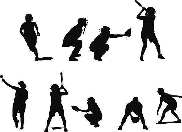 ilustrações de stock, clip art, desenhos animados e ícones de silhuetas de mulher em diferentes posições fastball jogadores jogando beisebol. - baseball catcher baseball umpire batting baseball player