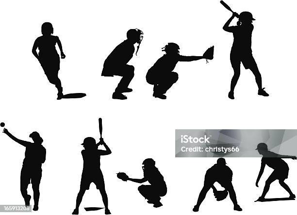 Silhouettes Of Female Fastball Players In Different Positions Playing Baseball Stock Illustration - Download Image Now