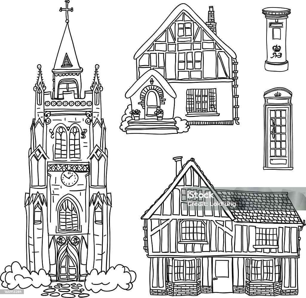 England house collection in black and white "Sketch drawing of England house collection in line art style, black and white." Telephone Booth stock vector