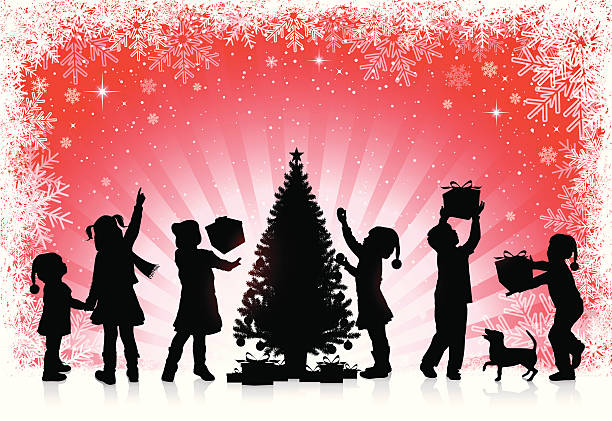 bildbanksillustrationer, clip art samt tecknat material och ikoner med children receive gifts for christmas - children tree christmas silhouette
