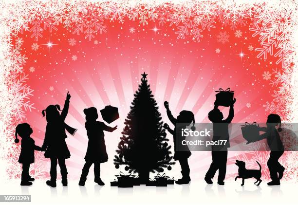 Children Receive Gifts For Christmas Stock Illustration - Download Image Now - In Silhouette, Christmas, Child