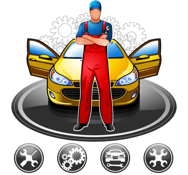 Vector illustration of Mechanic in repair shop