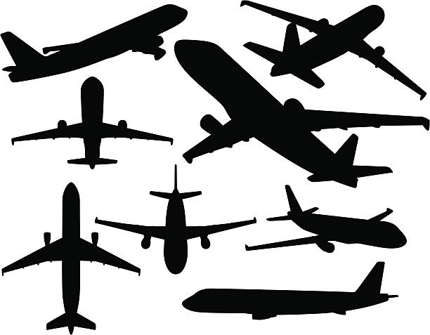 Airbus silhouette Airbus A330 Airplane silhouette collection in different angles。 airplane silhouettes stock illustrations