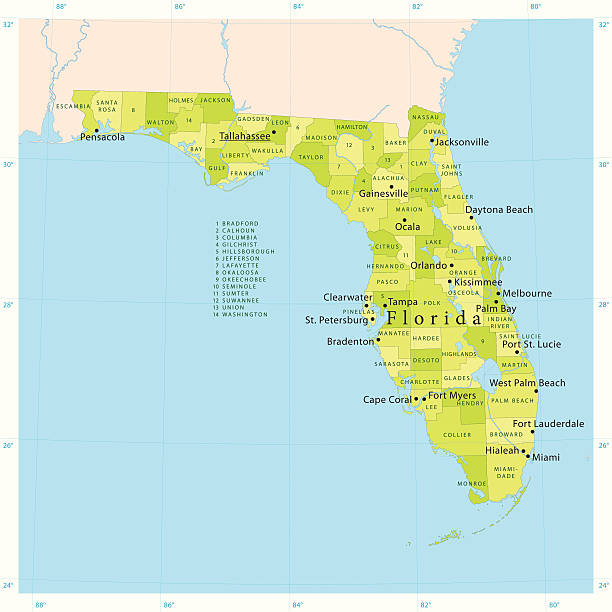 Florida Vector Map "Highly detailed vector map of Florida, United States. File was created on January 23, 2012. The colors in the .eps-file are ready for print (CMYK). Included files: EPS (v8) and Hi-Res JPG." clearwater florida stock illustrations