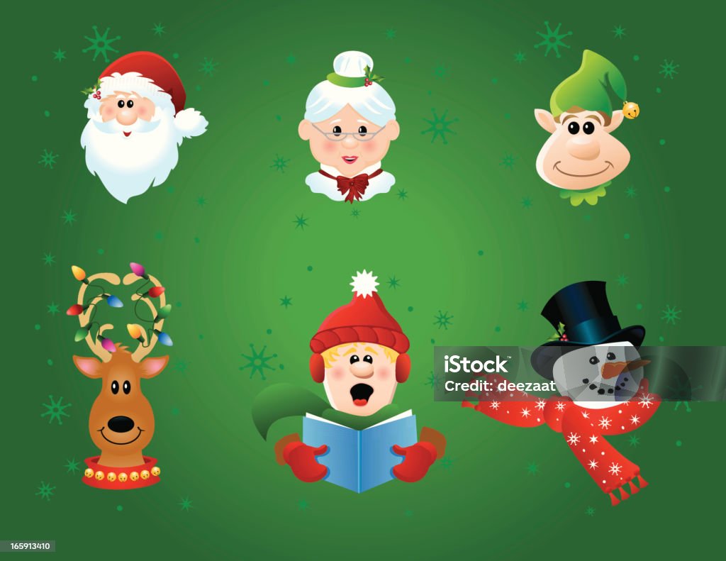 Christmas Characters Santa, Mrs. Claus, Elf, Reindeer, Caroler, and Snowman. Mrs Claus stock vector