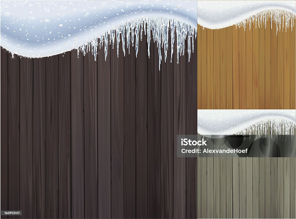 Icicles Snow and Wood Vector illustration of snow and icicles in front of a wooden wall in three colour variations. Every colour-variation has 2 groups (snow and wood). Every variation is also included separately as eps-8, ai-8 and jpg (30 cm, 300 dpi). The wooden planks are completely rendered behind the snow. Gray Color stock vector