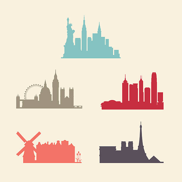 international city skylines - windmill architecture traditional culture mill stock illustrations