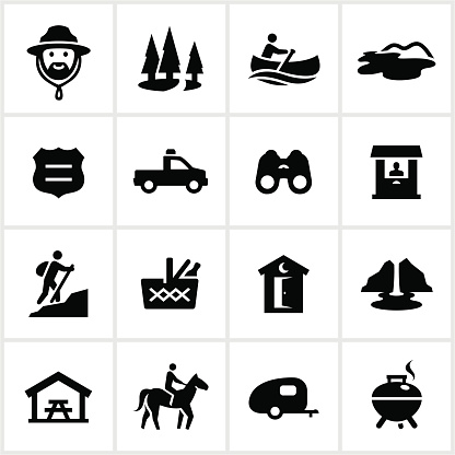 Park and recreation related icons. All white strokes/shapes are cut from the icons and merged allowing the background to show through.