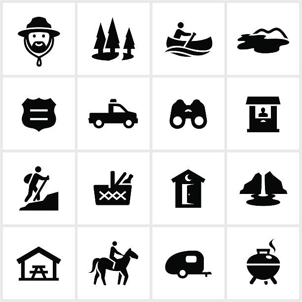 Black Park and Recreation Icons Park and recreation related icons. All white strokes/shapes are cut from the icons and merged allowing the background to show through. Outhouse stock illustrations