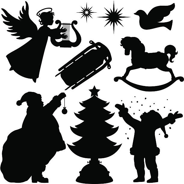 bildbanksillustrationer, clip art samt tecknat material och ikoner med christmas holiday winter silhouettes - children tree christmas silhouette
