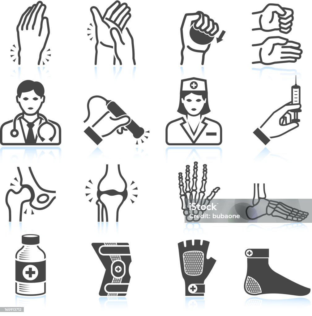 Arthritis Bones and Joints Pain black & white icon set Arthritis Bones and Joints Pain black and white royalty free vector interface icon set. This editable vector file features black interface icons on white Background. Icons include arthritis hands with joint pain and inflammation. Arthritis exercise to help alleviate the pain associated with arthritis. doctor and nurse, bone structure of hands, legs, knees and hip. Medical accessories are at the bottom of this illustration. Icon Symbol stock vector