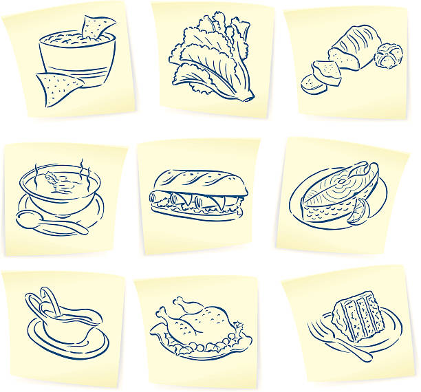 Food Doodles on Sticky Notes Doodle drawings of chips and salsa, lettuce, bread, bowl of soup, sandwich, salmon, gravy, turkey and slice of cake on sticky notes. Check out my "Vector Food and Utensils" light box for more. soup and sandwich stock illustrations