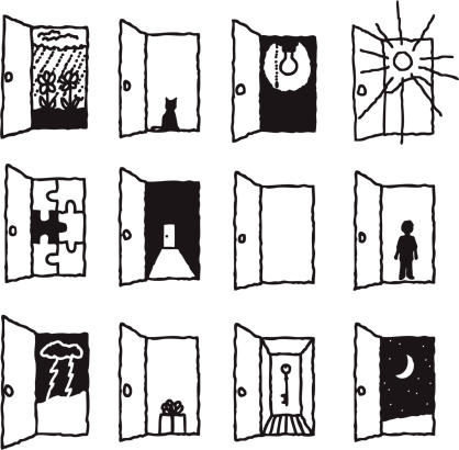 A dozen doors open to reveal a variety of symbolic images.
