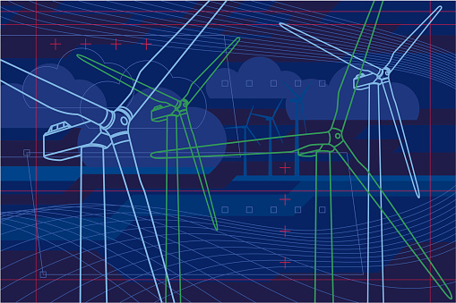 Dark blue wind farm in virtual reality style. With XXXL jpg.