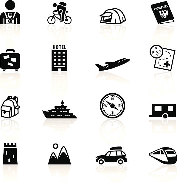 Black Symbols - Tourism Illustration of different tourism related symbols. cruise ship cruise passport map stock illustrations