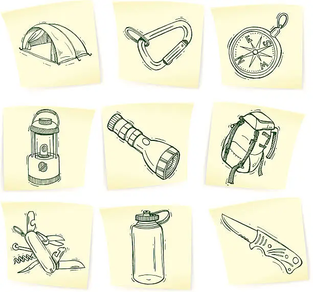 Vector illustration of Camping Equipment Doodles on Sticky Notes