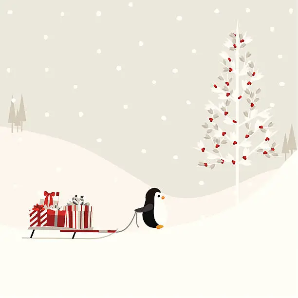 Vector illustration of Penguin Hauling Gifts to the Tree