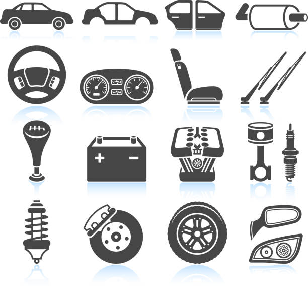 ilustraciones, imágenes clip art, dibujos animados e iconos de stock de conjunto de piezas de automóvil y negro & conjunto de iconos de vector blanco - back seat illustrations