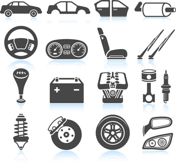 Car Assembly and Parts black & white vector icon set Car Assembly and Parts black and white royalty free vector interface icon set. This editable vector file features black interface icons on white Background. The interface icons are organized in rows and include car, assembly line, car manufacturing, steering wheel, reclining car seat, gear shift, car engine, motor, windshield wipers, car breaks, car mirror and automotive head lights. Can battery and other automotive parts are also included. vehicle accessory stock illustrations