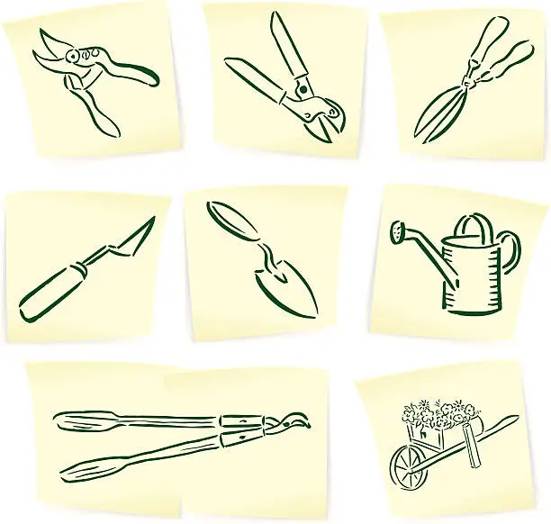 Vector illustration of Garden Tools Doodles with Sticky Notes
