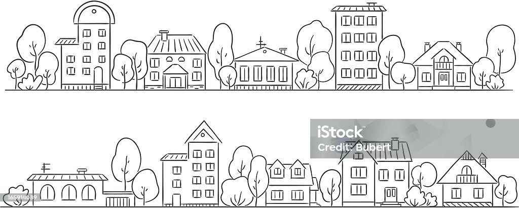 A pencil drawing of a street with houses Cartoon houses with trees in a row.   House stock vector