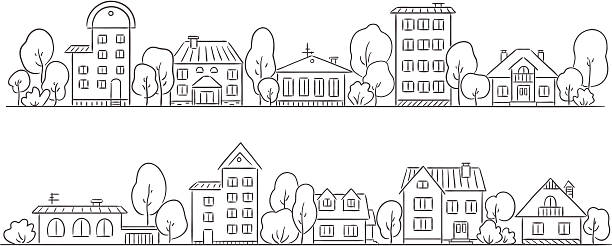 A pencil drawing of a street with houses Cartoon houses with trees in a row.   cityscape drawings stock illustrations