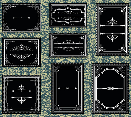 Set of Ornate vector frames.  Each frame is grouped individually for easy editing.  Colors are global.  Seamless pattern included in swatches window.