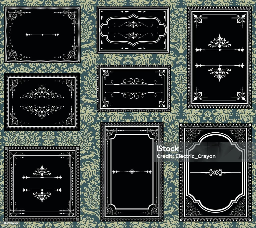 Black and white ornate vintage frames Set of Ornate vector frames.  Each frame is grouped individually for easy editing.  Colors are global.  Seamless pattern included in swatches window. Border - Frame stock vector