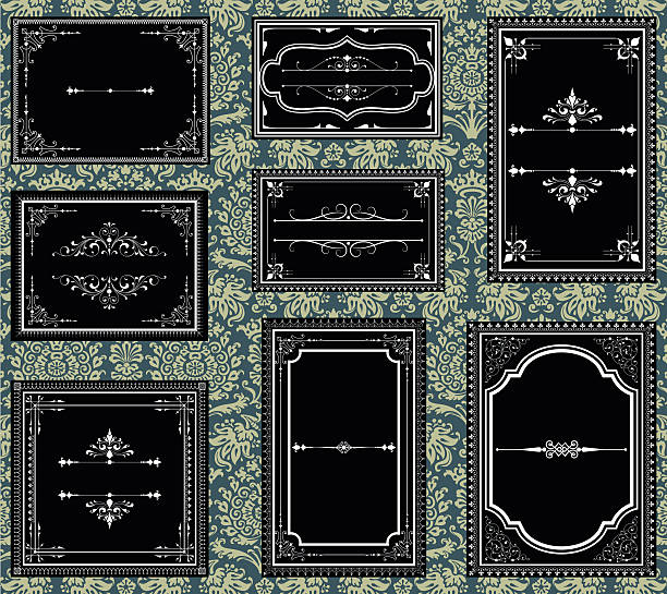 Black and white ornate vintage frames Set of Ornate vector frames. Each frame is grouped individually for easy editing. Colors are global. Seamless pattern included in swatches window. gothic designs clip art stock illustrations