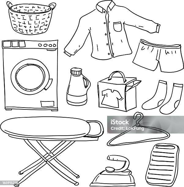 Laundry Collection In Black And White Stock Illustration - Download Image Now - Washing Machine, Sketch, Illustration