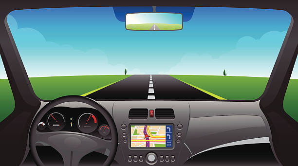 Car interior dashboard with GPS device Vector dashboard of a car driving on  an open highway rear view mirror stock illustrations
