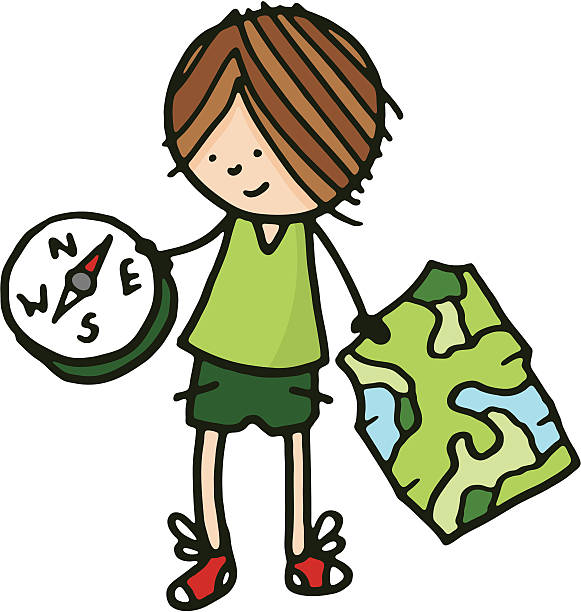 ilustraciones, imágenes clip art, dibujos animados e iconos de stock de niño con mapa y compass - orienteering