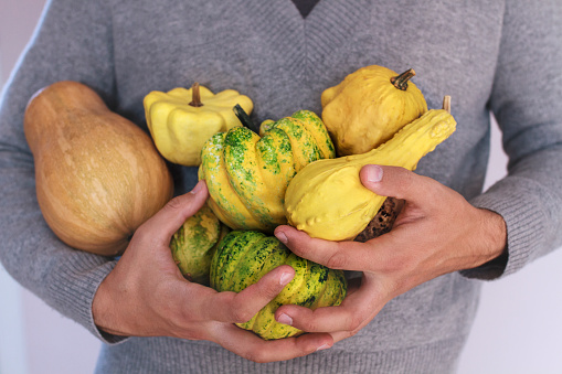 Autumn composition of yellow pumpkins in man's hands on black background and copy space. Thanksgiving Day. Halloween. Seasonal fall flat lay. Minimalism. Top view.