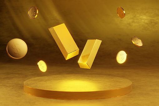 Examples of American currency dollar and gold bullion. Dollars and gold bars on a white background.