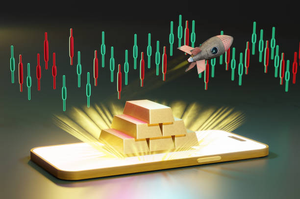 istock 3D Illustration, gold bar and rocket on smartphone screen. 1659177497