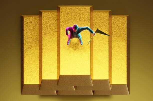 istock 3D Illustration, Stack of shiny gold bars with Businessman 1659178214