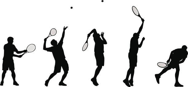 tennisserve - silhouette tennis racket tennis racket stock illustrations