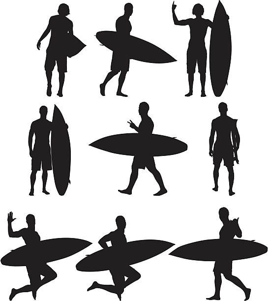 ilustrações de stock, clip art, desenhos animados e ícones de várias imagens de um homem com prancha de surf - studio shot white background action activity