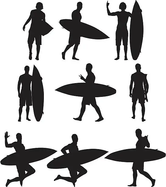 Vector illustration of Multiple images of a man with surfboard