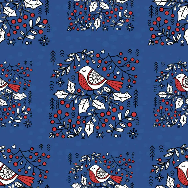 Vector illustration of Christmas folk art seamless pattern. Cute bird on holly branch on blue background. Vector illustration. Xmas folk repetitive design in style colored linear hand drawing.