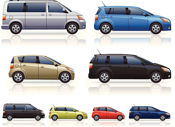 MPVs Modern MPV (people carrier) car icons. Includes 4 generically styled family cars with a colour variation of each.  hatchback side stock illustrations