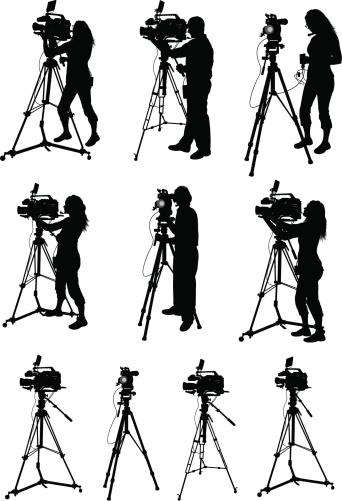 Video Equipment. Tight silhouette illustrations of professional videography equipment. Cameramen and women, tripod. Check out my 