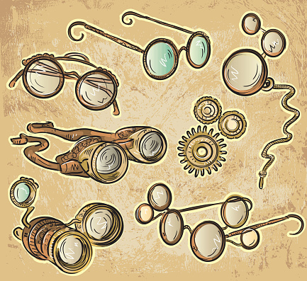 Vector illustration of assorted group of glasses and goggles with tinted glass. Download includes Illustrator 10 eps file with transparencies, high resolution jpg and png file. See my portfolio for other steampunk related items.